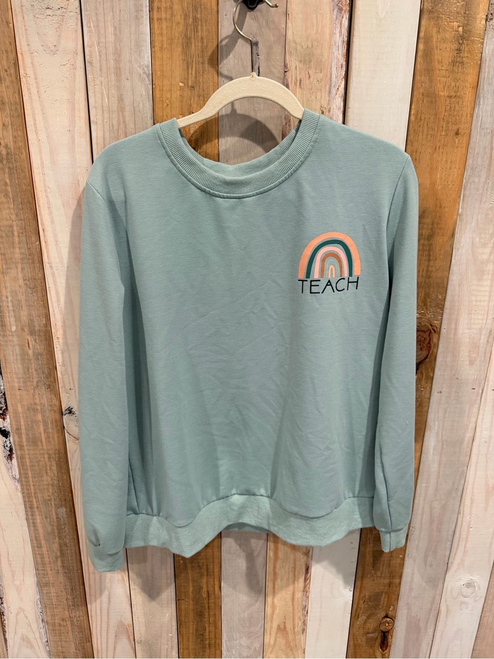 Source Unknown Sage Green 'TEACH' Rainbow Crewneck Sweatshirt